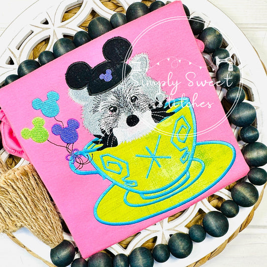 2636 - RACCOON BIRTHDAY TEACUP - APPLIQUE CHILD SHIRT