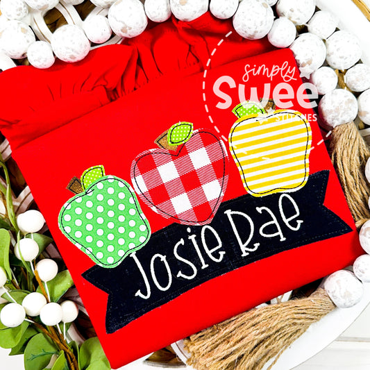 2836 - APPLE TRIO WITH NAME BANNER - APPLIQUE CHILD SHIRT