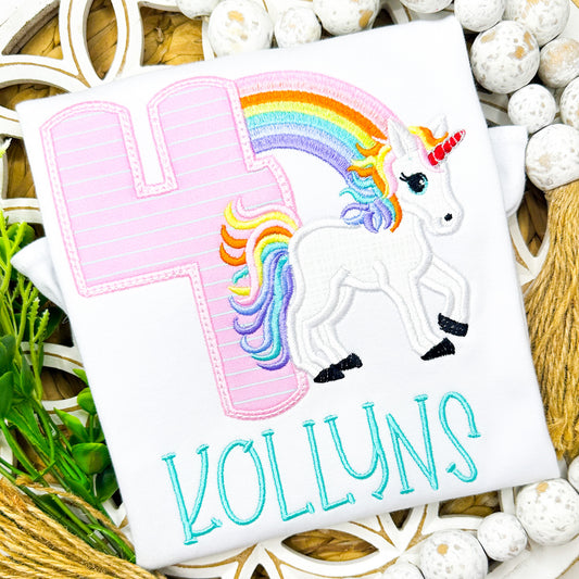 2277 - RAINBOW UNICORN BIRTHDAY NUMBER - APPLIQUE CHILD SHIRT