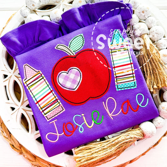 1739 - CRAYON AND APPLE TRIO - APPLIQUE CHILD SHIRT