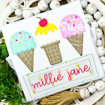 2954 | ICE CREAM TRIO WITH NAME | APPLIQUE CHILD SHIRT