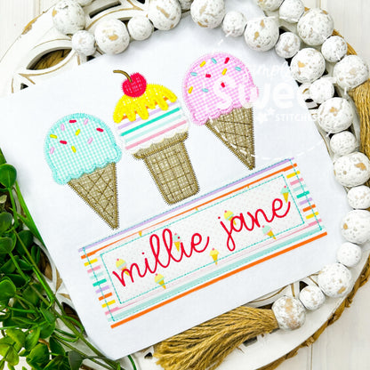 2954 | ICE CREAM TRIO WITH NAME | APPLIQUE CHILD SHIRT