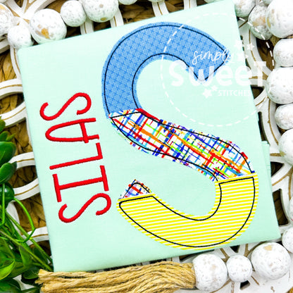 2938 - PATCHWORK APPLIQUE LETTER with STITCHED NAME - APPLIQUE CHILD SHIRT