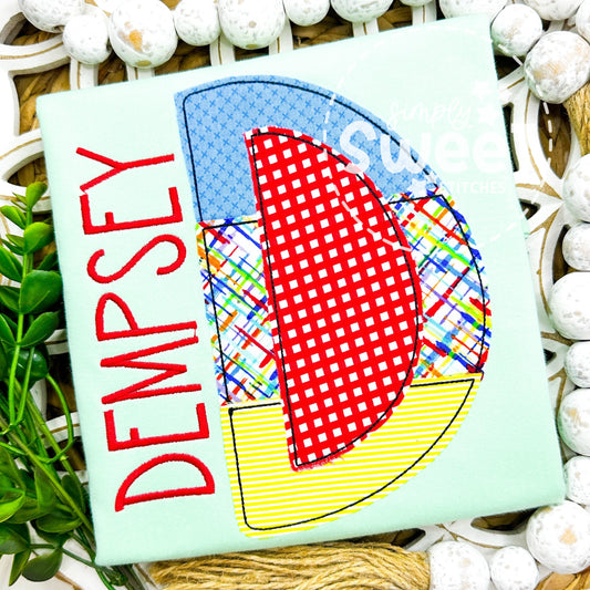 2938 - PATCHWORK APPLIQUE LETTER with STITCHED NAME - APPLIQUE CHILD SHIRT