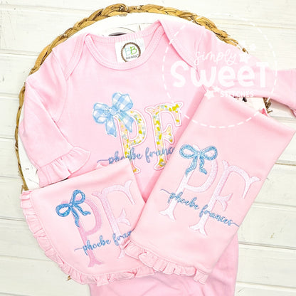 1764 - APPLIQUE INITIALS WITH BOW - APPLIQUE BABY GOWN