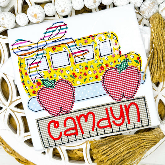 2907 - GIRL SCHOOL BUS WITH APPLE TIRES - APPLIQUE CHILD SHIRT