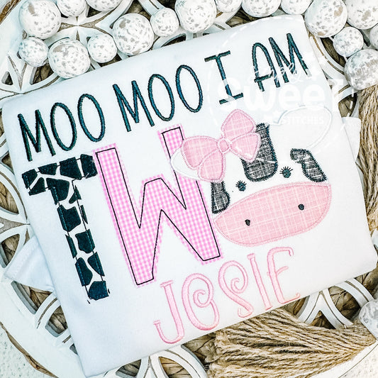 2929 | "MOO MOO" I'M TWO BIRTHDAY | APPLIQUE CHILD SHIRT
