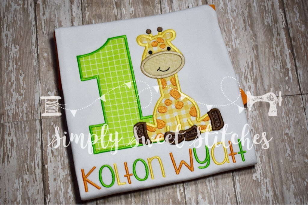 1162 - CUTE GIRAFFE 1ST BIRTHDAY NUMBER - APPLIQUE CHILD SHIRT