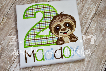 1163 - CUTE SLOTH BIRTHDAY NUMBER - APPLIQUE CHILD SHIRT