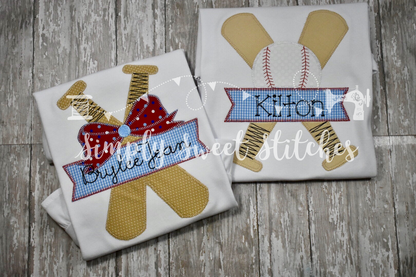 1371 - BASEBALL BATS WITH BOW - APPLIQUE CHILD SHIRT