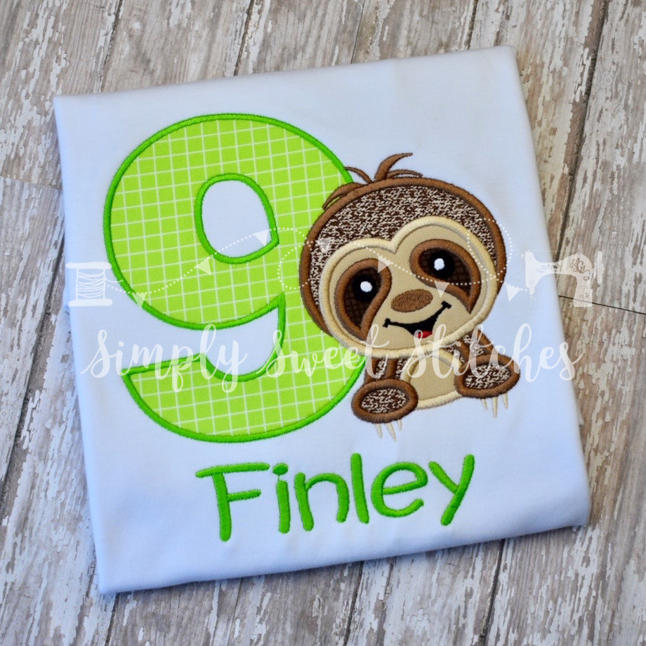 1163 - CUTE SLOTH BIRTHDAY NUMBER - APPLIQUE CHILD SHIRT