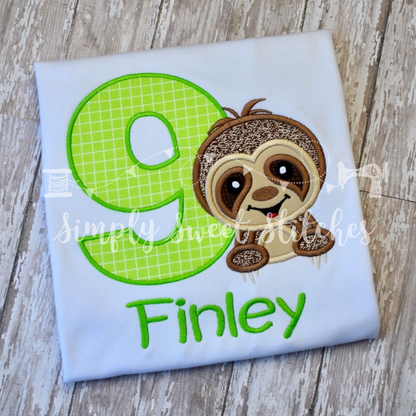 1163 - CUTE SLOTH BIRTHDAY NUMBER - APPLIQUE CHILD SHIRT