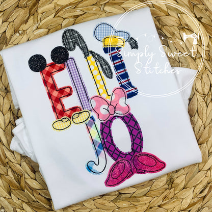 2284 - GIRL MOUSE AND FRIENDS NAME - APPLIQUE CHILD SHIRT