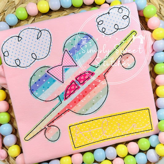 2264 - MISS MOUSE EARS AIRPLANE - APPLIQUE CHILD SHIRT