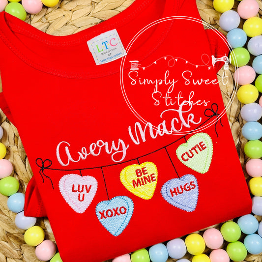 2445 - CONVERSATION HEARTS BUNTING WITH BOWS - SKETCH CHILD SHIRT