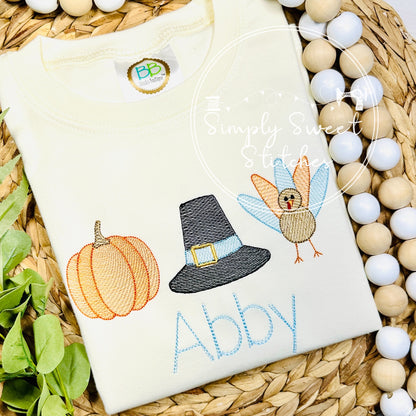 1237 - PUMPKIN, PILGRIMS AND TURKEY TRIO - SKETCH CHILD SHIRT