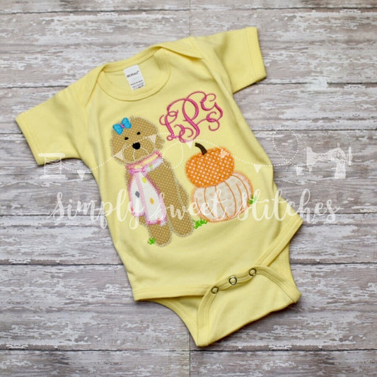 1184 - GIRL DOG WITH STACKED PUMPKINS - APPLIQUE CHILD SHIRT