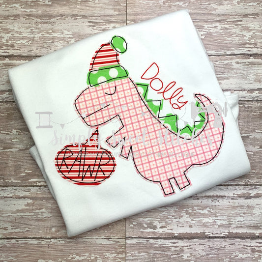 1490 - CHRISTMAS DINO GIRL - APPLIQUE CHILD SHIRT