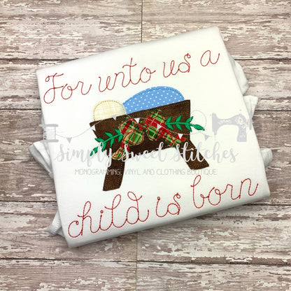 1174 - FOR UNTO US A CHILD IS BORN WITH BOW - APPLIQUE CHILD SHIRT
