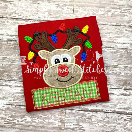 1303 - REINDEER BOY WITH LIGHTS - APPLIQUE CHILD SHIRT