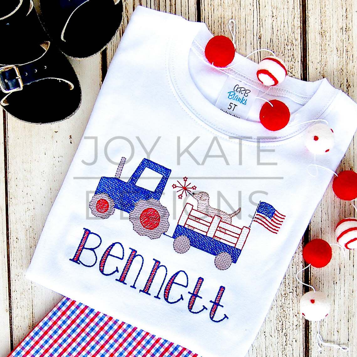 2459 - PATRIOTIC TRACTOR WITH WAGON APPLIQUE - CHILD SHIRT