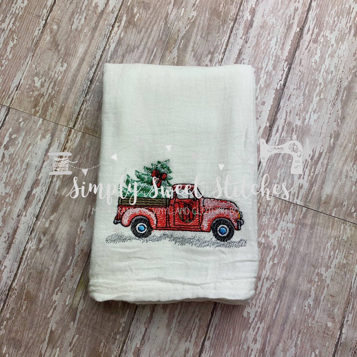 1144 - VINTAGE CHRISTMAS TRUCK - EMBROIDERY KITCHEN TOWELS