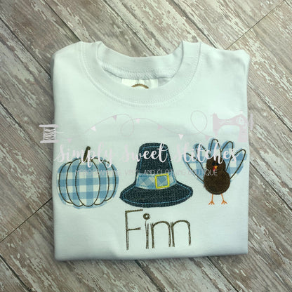 1330 - PUMPKIN, PILGRIMS AND TURKEY TRIO - APPLIQUE CHILD SHIRT