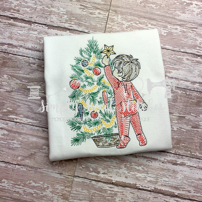 1216 - BOY PUTTING STAR ON TREE - SKETCH CHILD SHIRT