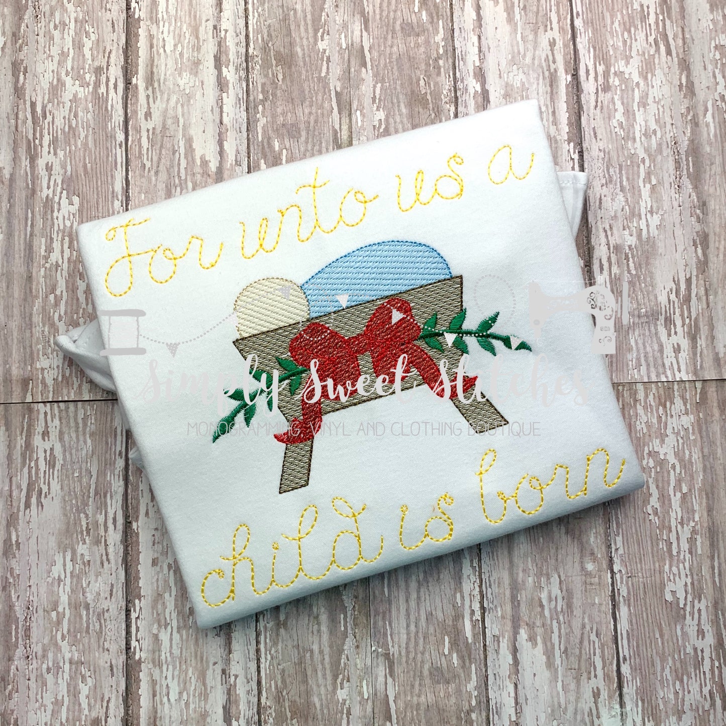1260 - FOR UNTO US A CHILD IS BORN WITH BOW - SKETCH CHILD SHIRT