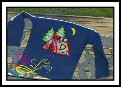 1026 - CAMPING TENT WITH INTITIALS - APPLIQUE CHILD SHIRT