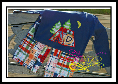 1026 - CAMPING TENT WITH INTITIALS - APPLIQUE CHILD SHIRT