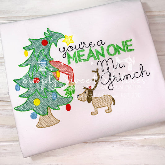 1910 - YOU'RE A MEAN ONE MR. GRINCH TREE WITH DOG - SKETCH CHILD SHIRT