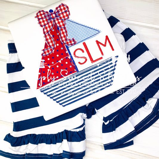 1734 - SUMMER SAILBOAT WITH BOW - APPLIQUE CHILD SHIRT