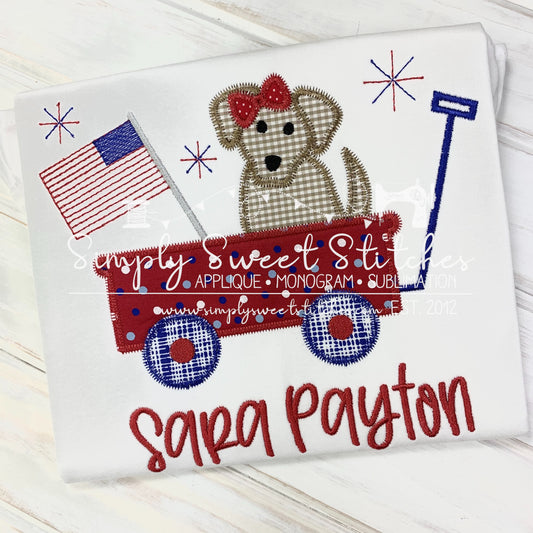 1691 - GIRL PATRIOTIC DOG IN WAGON - APPLIQUE CHILD SHIRT