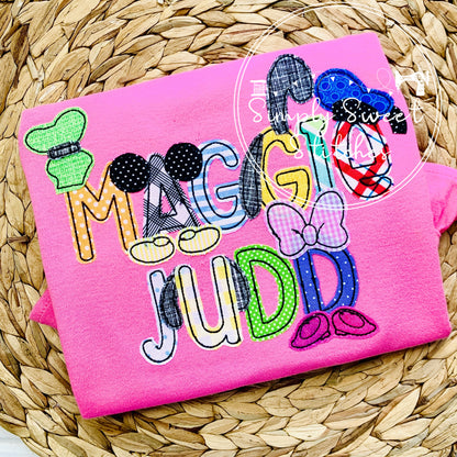 2284 - GIRL MOUSE AND FRIENDS NAME - APPLIQUE CHILD SHIRT