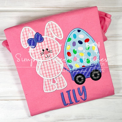 1012 - GIRL EASTER BUNNY WITH EGG IN WAGON - APPLIQUE CHILD SHIRT