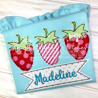 1528 - STRAWBERRY TRIO WITH NAME BANNER - APPLIQUE CHILD SHIRT