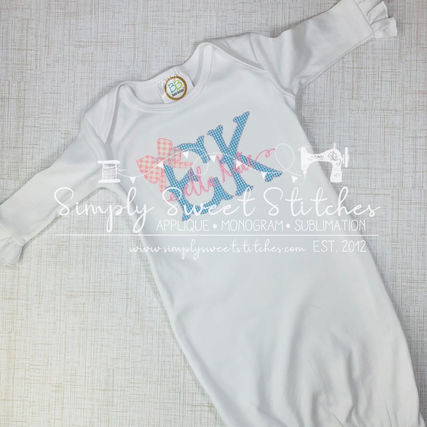 2608 - APPLIQUE INITIALS WITH BOW AND MONOGRAMMED NAME - BABY GOWN