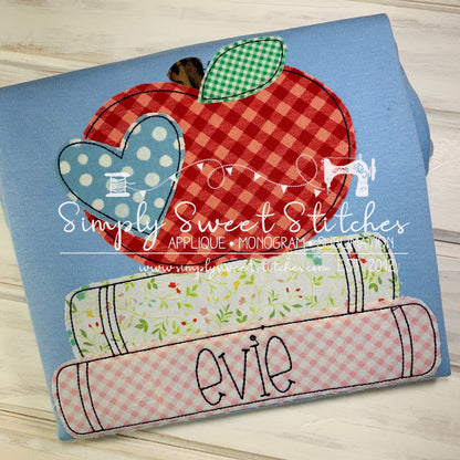 1738 - APPLE WITH HEART STACKED BOOKS - APPLIQUE CHILD SHIRT