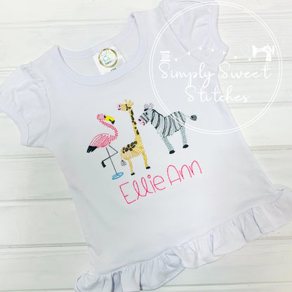 1596 - SWIRLY ZOO FLAMINGO GIRAFFE ZEBRA - SKETCH CHILD SHIRT