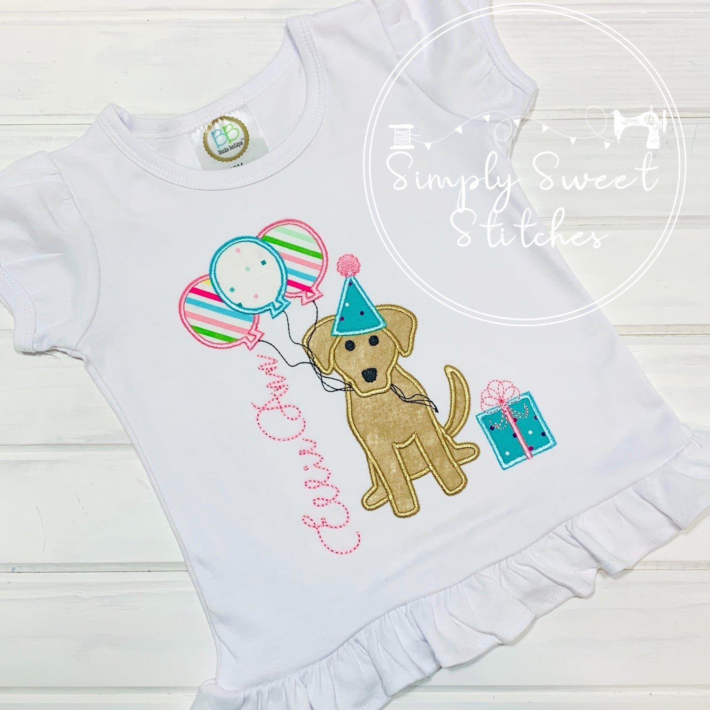 1600 - BIRTHDAY PUPPY DOG WITH BALLOONS NUMBER - APPLIQUE CHILD SHIRT