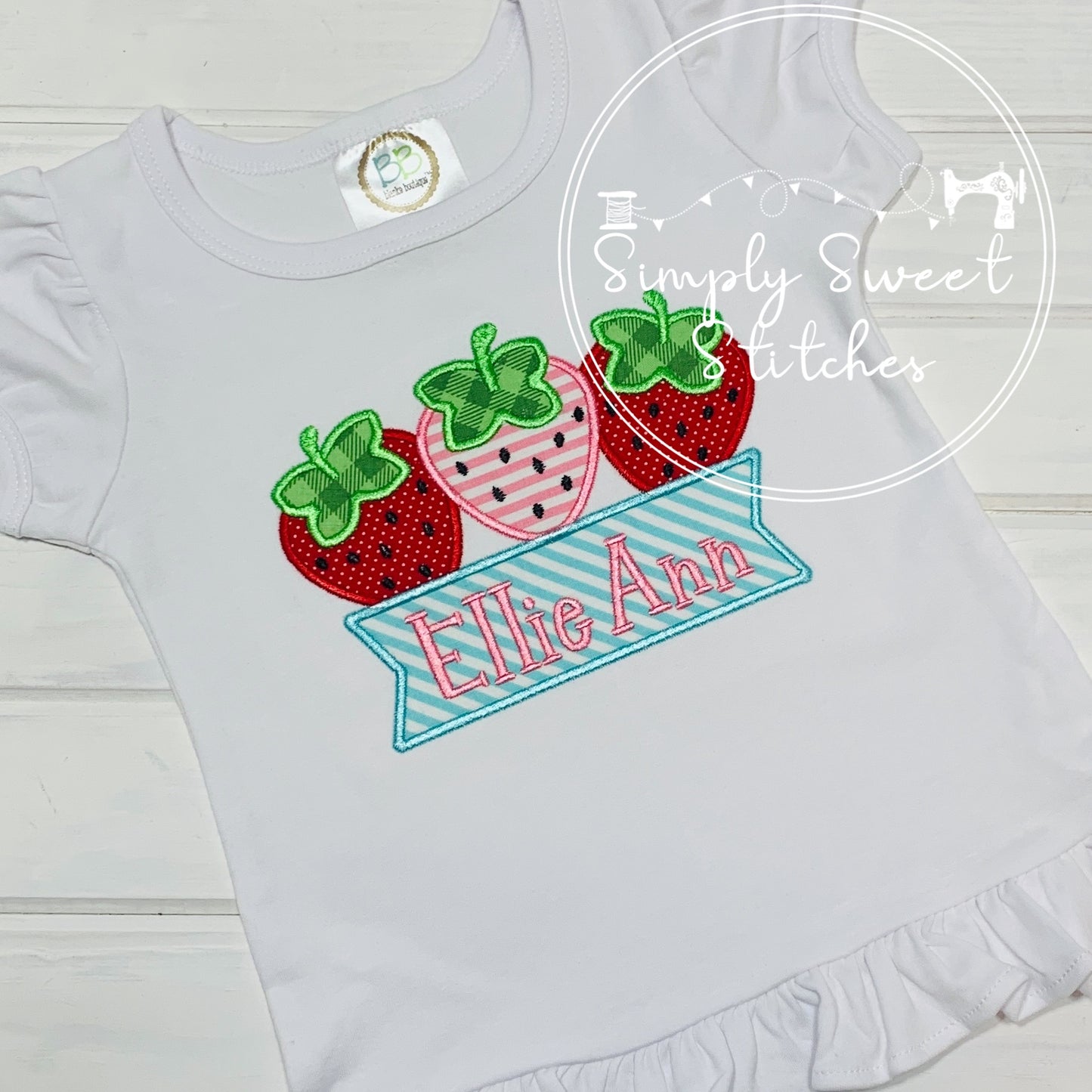 1761 - STRAWBERRY TRIO WITH NAME BANNER - APPLIQUE CHILD SHIRT