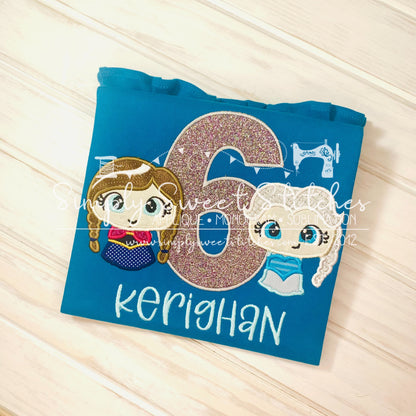 2033 - ICE QUEEN AND SNOW PRINCESS BIRTHDAY NUMBER - APPLIQUE CHILD SHIRT