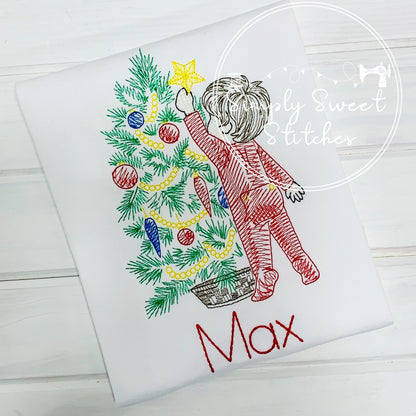 1216 - BOY PUTTING STAR ON TREE - SKETCH CHILD SHIRT