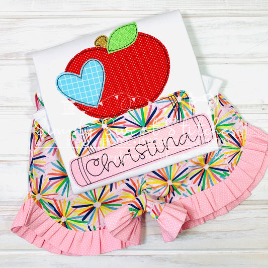 1738 - APPLE WITH HEART STACKED BOOKS - APPLIQUE CHILD SHIRT