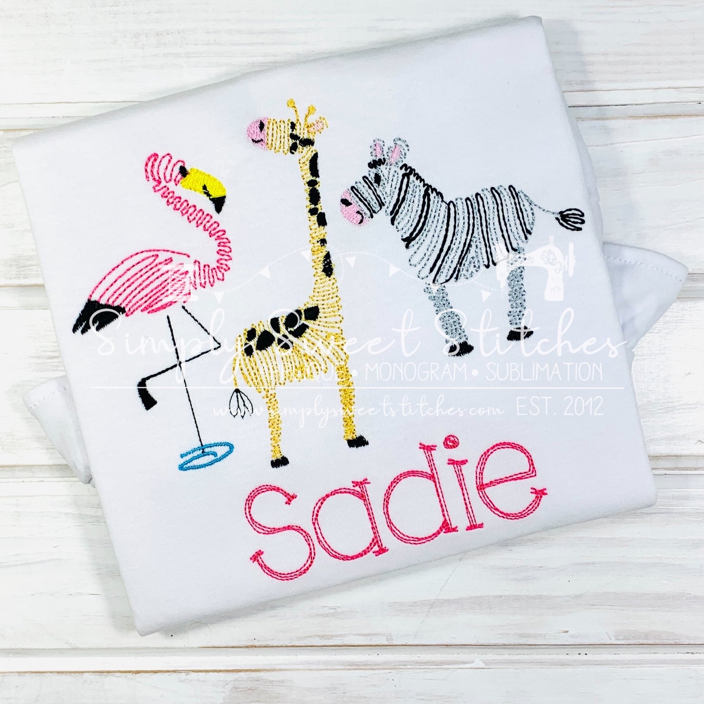 1596 - SWIRLY ZOO FLAMINGO GIRAFFE ZEBRA - SKETCH CHILD SHIRT