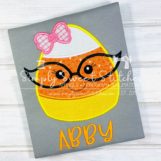 1098 - CANDY CORN GIRL WITH GLASSES - APPLIQUE CHILD SHIRT