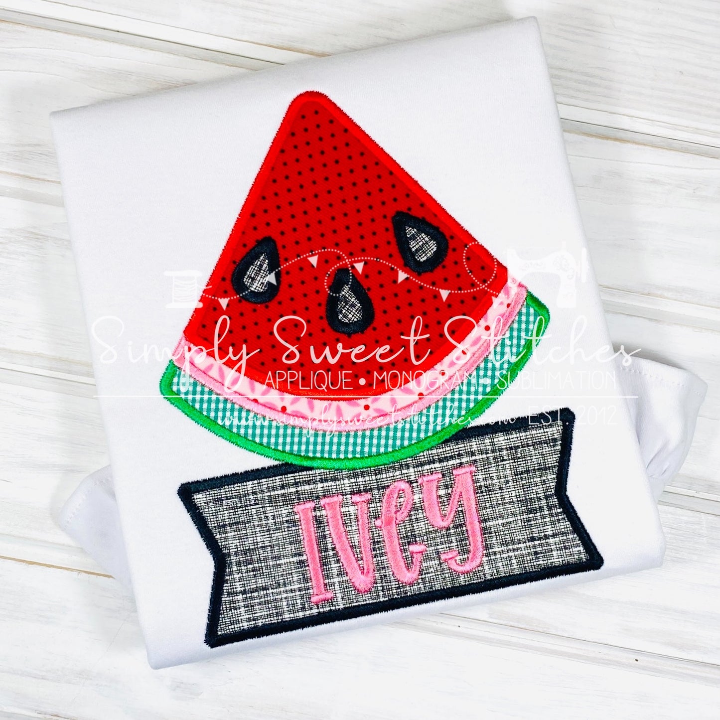 2000 - SATIN STITCH WATERMELON SLICE WITH NAME BOX - APPLIQUE CHILD SHIRT