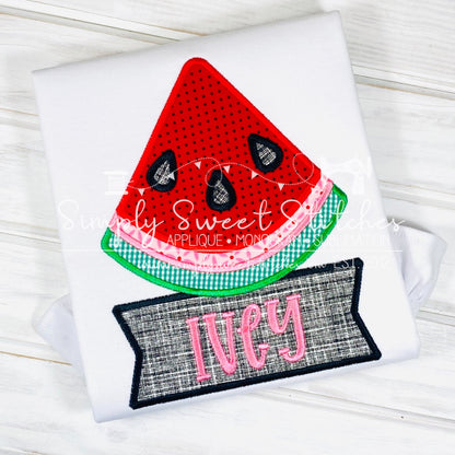 2000 - SATIN STITCH WATERMELON SLICE WITH NAME BOX - APPLIQUE CHILD SHIRT