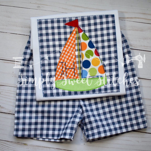 1389 - BOY SAILBOAT SQUARE - APPLIQUE CHILD SHIRT